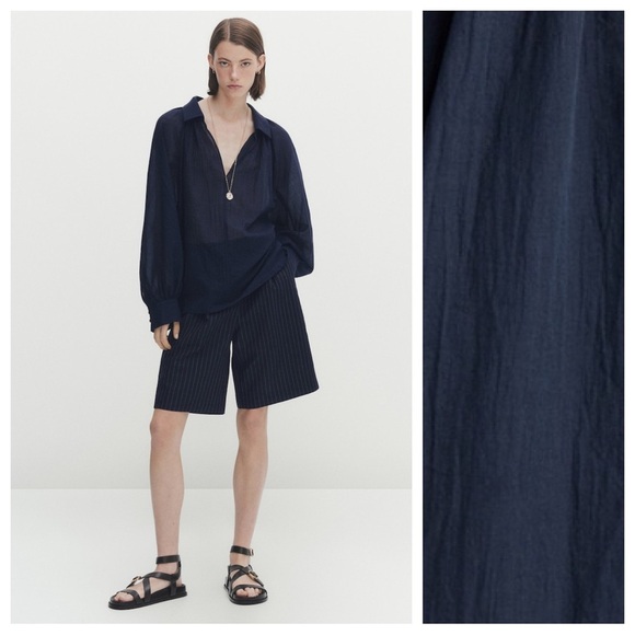 NWT. Massimo Dutti Navy Blue Cotton Voile Blouse with Gathered Details. Size XS. - Picture 1 of 12